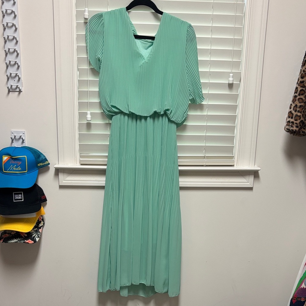 Vintage Mint Green Pleated Midi Dress